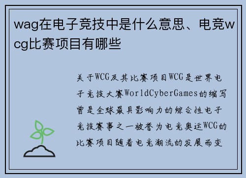 wag在电子竞技中是什么意思、电竞wcg比赛项目有哪些